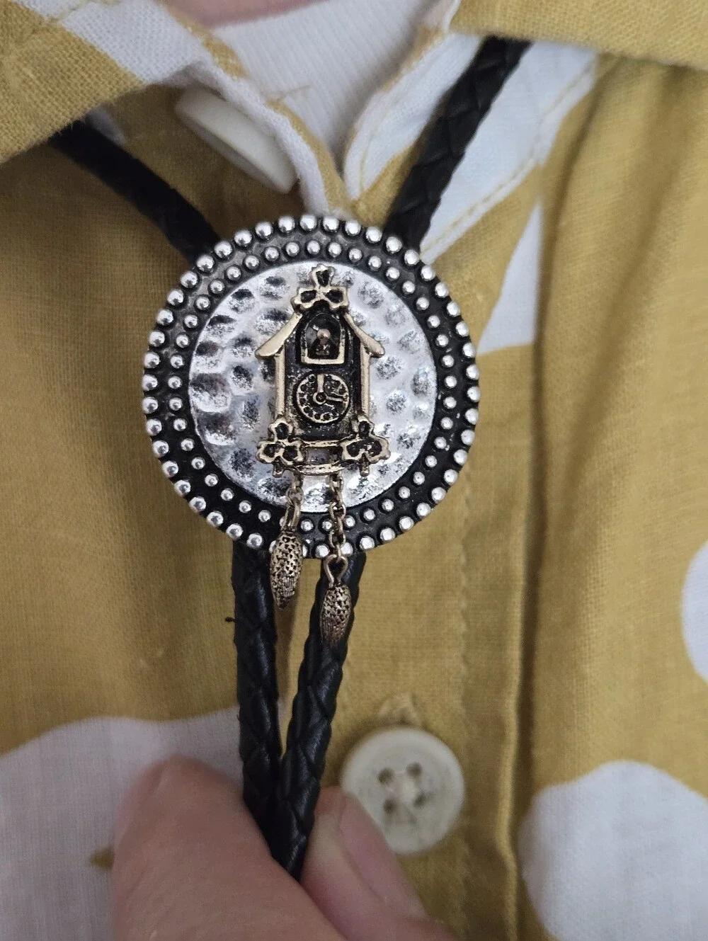 Silver Western Bolo Tie Avon Cuckoo Clock Medallion Leather Braid 70s Eclectic